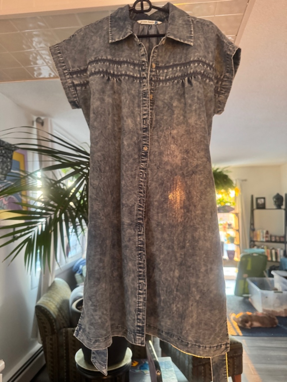 Given Kale Acid Wash Denim Lagenlook Dress - Crochet Detail Duster - L - Picture 6 of 7